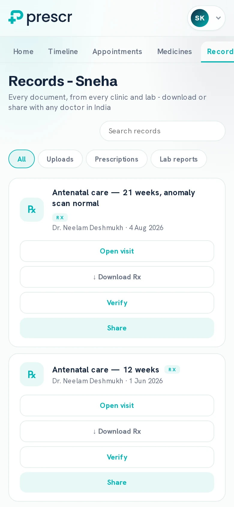 The records tab of the Prescr patient app, listing the patient's prescriptions and lab reports by date, each one openable.