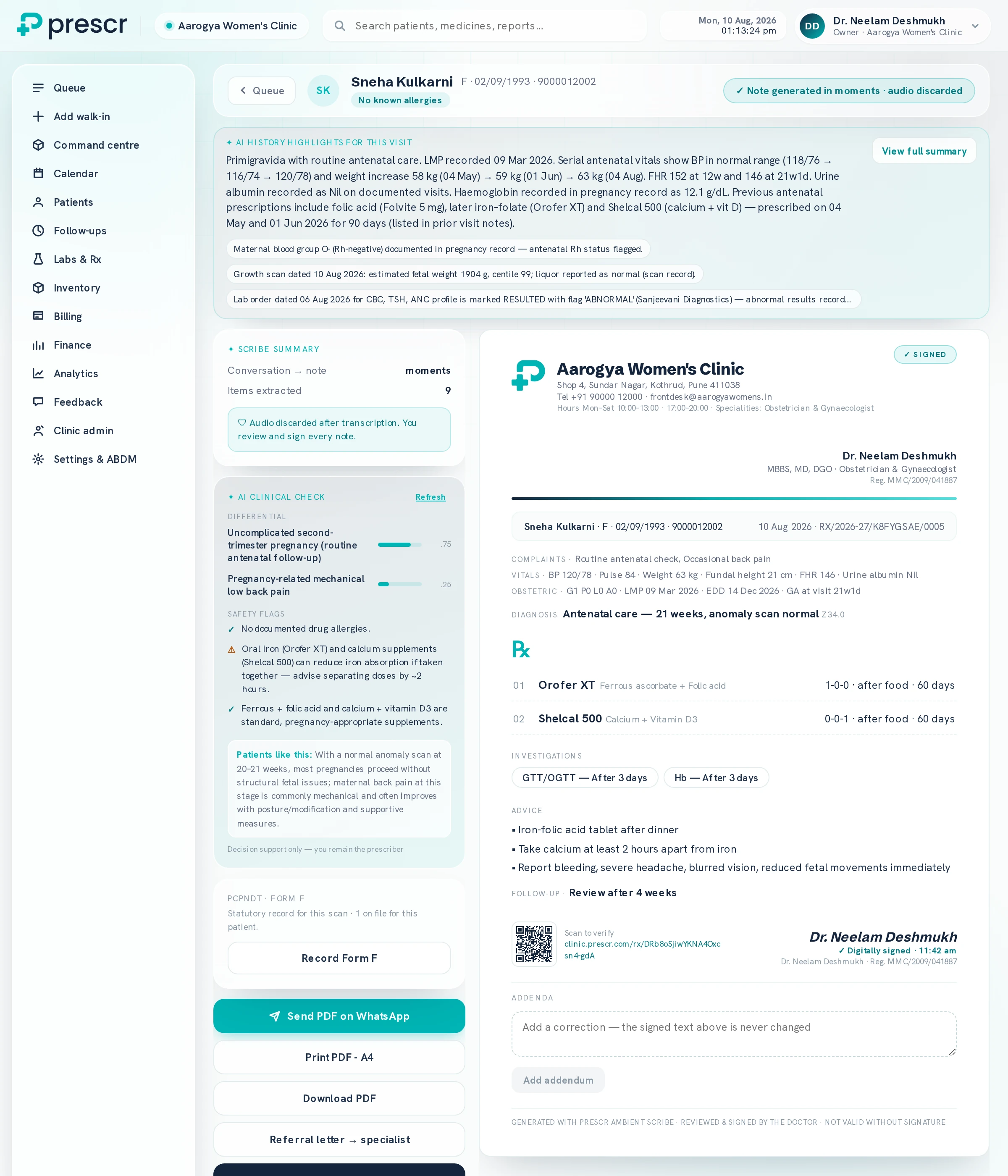 The full Prescr consultation screen for a 22-week antenatal visit. A left rail lists the clinic's sections. Across the top, an AI history summary of the pregnancy so far — serial blood pressures, weight gain, fetal heart rates and previous prescriptions — with flags for the mother's Rh-negative status, the latest growth scan and an abnormal lab result. Below left, a scribe summary reporting nine items extracted with the audio discarded, then an AI clinical check listing a differential with confidence scores and safety flags. Below right, the signed prescription on the clinic letterhead with complaints, vitals, obstetric summary, diagnosis and ICD code, medicines, investigations, advice, follow-up, a verification QR and the doctor's digital signature.