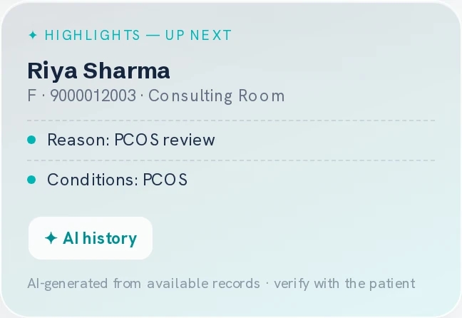 The Highlights card from the Prescr command centre, headed 'Highlights — up next': the patient's name, sex and consulting room, her reason for visit, her known conditions, a button to open her AI history, and a line noting the summary is AI-generated from available records and should be verified with the patient.