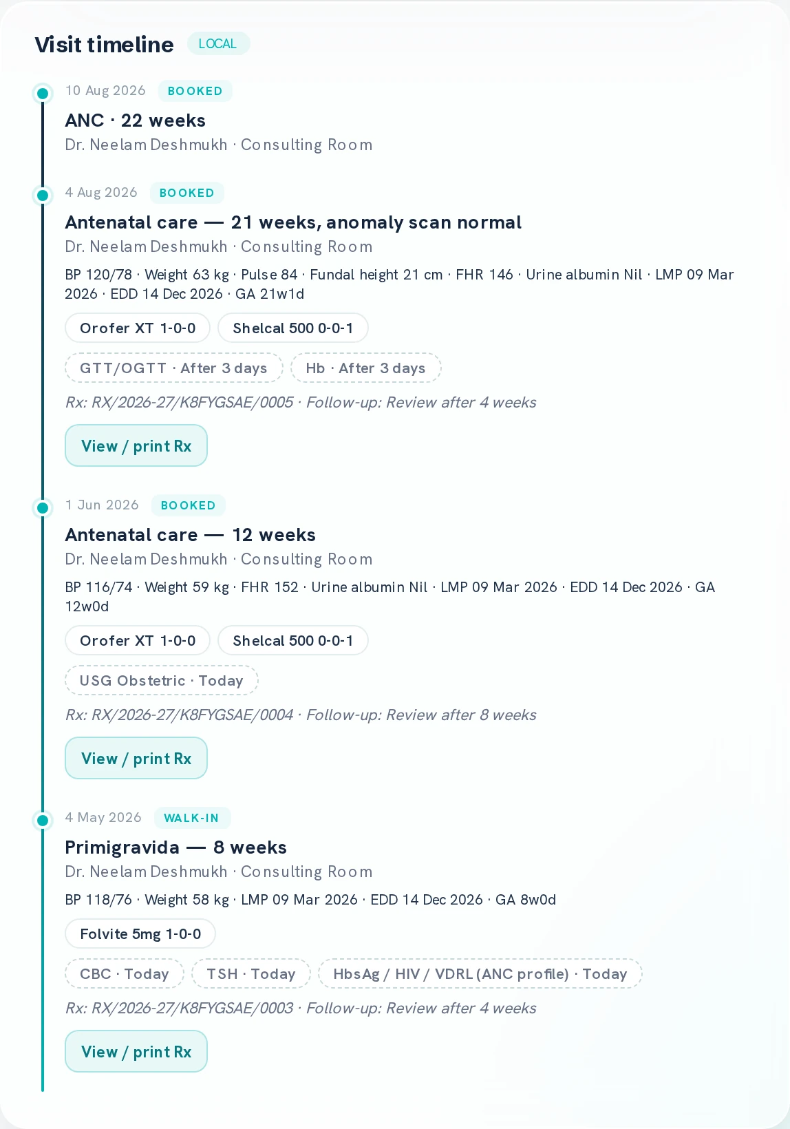 The visit timeline from a Prescr patient record: four dated entries from August back to May 2026, each tagged booked or walk-in, showing the diagnosis, the doctor and room, that visit's vitals, the medicines prescribed as chips, the investigations ordered, the prescription number with the follow-up interval, and a view-or-print prescription button.